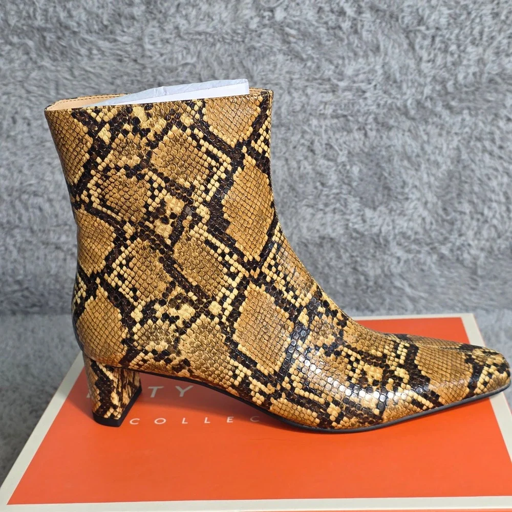 Katy Perry Snakeskin Print Ankle Booties‎ Boots Brown Square Heel 7.5M NEW